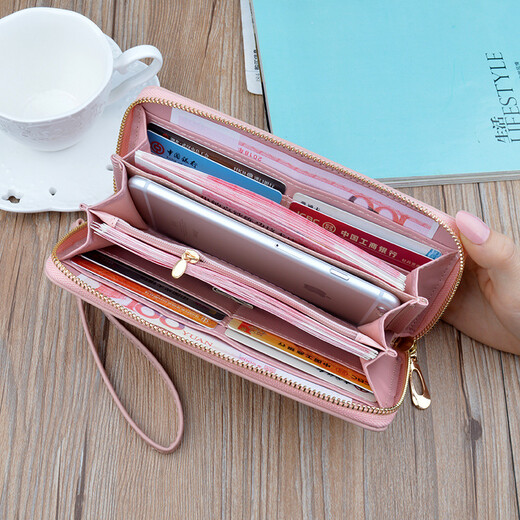 Portefeuille féminin simple en tissu long Zipper à la mode portefeuille brodé 2024 European et américain de grande capacité en cuir souple maintient le sac de téléphone mobile rose