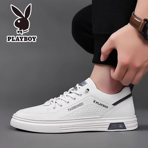Playboy Men's Shoes 2024 Осенью Новая подлинная кожаная дышащая спорт и повседневная белая туфли мужская мягкая подошва Тренд 671 Белый 39 [Стандартный размер спортивной обуви]