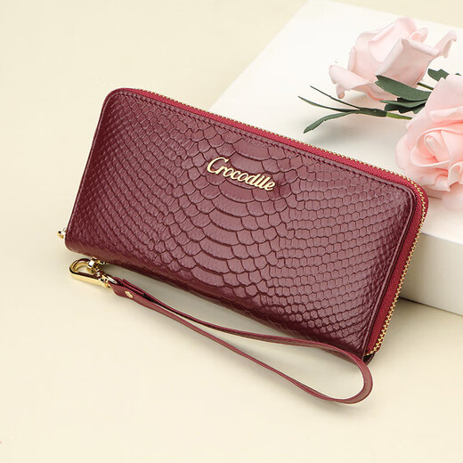 Crocodile shirt first layer cowhide long wallet snake pattern clutch bag women's fashion simple mobile phone bag T1983 wine red