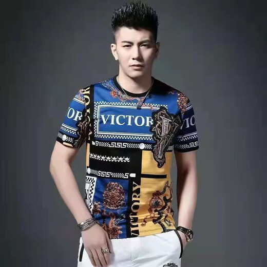 
Cooqi European Station 2024 ice silk men's summer round neck printed clothes T-shirt short-sleeved loose slim body clothes light luxury 673 [New style] XL Recommended 120-135Jin [Jin equals 0.5 kg]