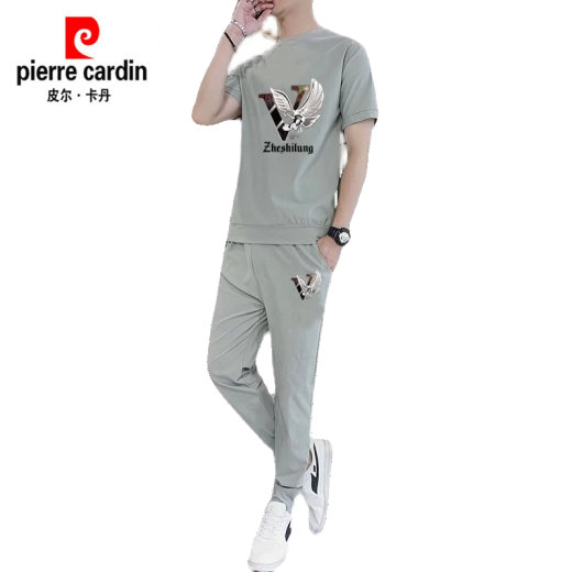 皮尔卡丹（pierre cardin）夏季冰丝套装男士休闲运动短袖上衣搭配时尚潮流帅气男装裤子一套 867米白色套装 2XL