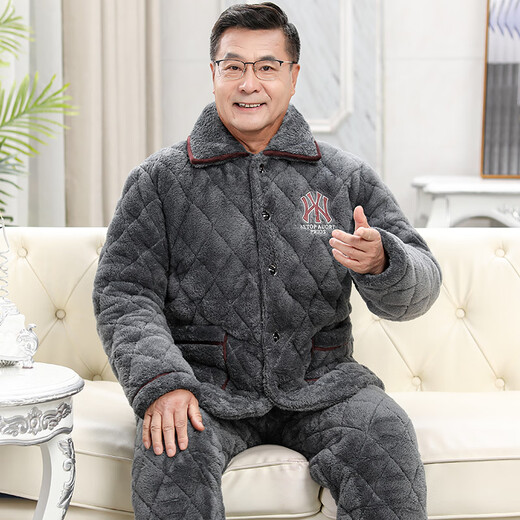 馨梦悦男士睡衣秋冬季加厚加绒珊瑚绒夹棉保暖法兰绒中老年人爸爸家居服 C9921#黑灰色男【长毛绒】 XXXL(160-200斤)三层加厚