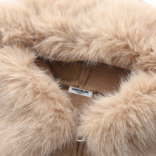 CHOCOOLATE it Women's White Fur Collar Double Zipper Sheep Wool Knitted Cardigan Sweater Women Winter New Short Jacket Women Yellow One Size