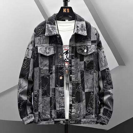 JIAYE Working denim jacket men's spring and autumn new casual and handsome American loose jacket men's trendy black jacket black XL 170-175cm [130-150Jin [Jin equals 0.5 kg]]