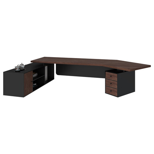Oscarden Juzi Solid Wood Boss Desk with Side Cabinet Socket Black Walnut President Desk Law Firm Office Tea Table Integrated Style-Color-Size Customized Photoshoot