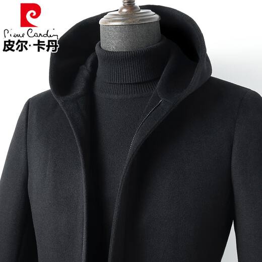 Pier Cardin High-End Pure Woll Wollmantel für Männer mitten in der Mitte der Länge 2024 Herbst und Winter Mode, hübsches Kapuzenmantel für Männer schwarz 170/m
