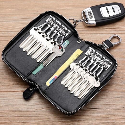 Maiweini2024 neuer Reißverschluss großer Kapazität Schlüsselbeutel Herren-Leder Multifunktion praktischer Autoschlüssel Cowhide Key Bag Royal Blue [Doppelreihe 12 Schlüsselpositionen + 2 Kartenpositionen]
