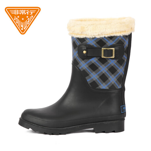 Very good (Jolly Walk) Winter waterproof and cold-resistant rain boots for women's non-slip water boots, fashionable outer wear velvet warm water shoes, new style plus velvet rain boots, blue plaid plus velvet warm JW322 37