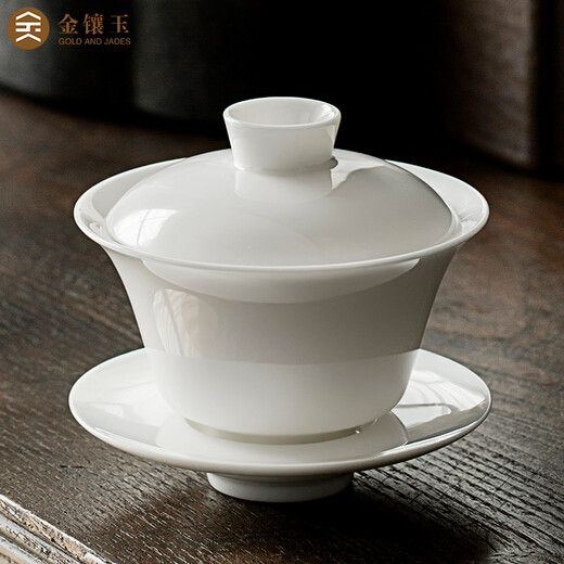 Gold-inlaid jade cover bowl, Kung Fu tea set, Sancai cover bowl, mutton fat jade de-making white porcelain tea cup bowl, early summer 120ml