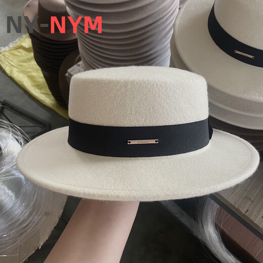 NY-NYM French gold label small brim flat top hat women's autumn and winter fashion woolen hat British retro all-match jazz hat white