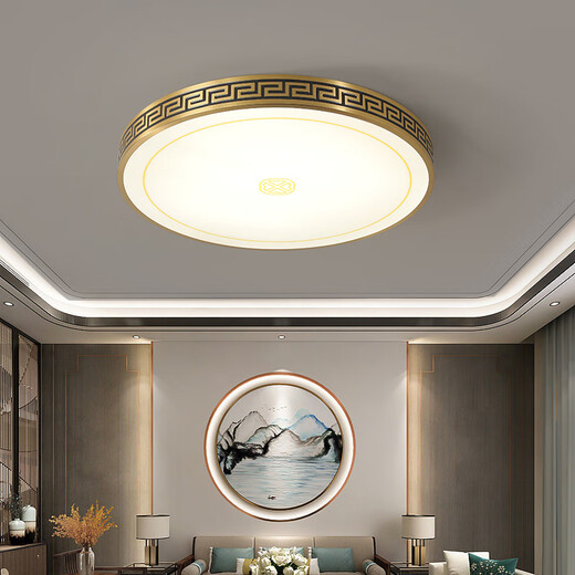 Qianzhang Lamp New Chinese Style Bedroom Lamp Full Copper LED Ceiling Lamp High-end and Atmospheric Villa Balcony Corridor Aisle Zhongshan Lamp Round 40cm Ruyi Great Wall 36W Three-tone Lighting