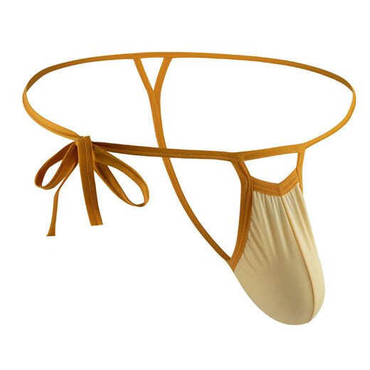 Men's thong belt side opening knotted rope ice silk soft, comfortable and sexy GAY strappy sexy underwear, apricot color, one size