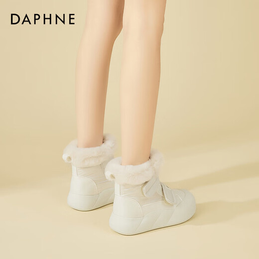 达芙妮（DAPHNE）厚底雪地靴女2025新款秋冬季加绒加厚保暖棉鞋魔术贴毛毛鞋女 米色 35