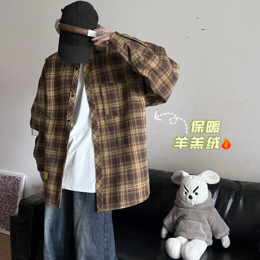 Shelley Jones港风chic格子衬衫男生长袖日系原宿风复古潮牌宽松百搭衬衣送男友 C9732藏青格加绒 2XL [建议140-160斤]