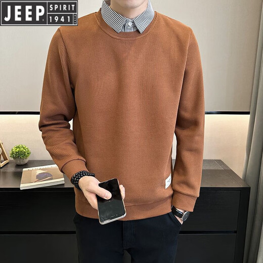 吉普（JEEP）衬衫领卫衣男2025新款秋季潮流修身假两件套头上衣打底针织T恤 友谊9893 白色 M 90到105斤