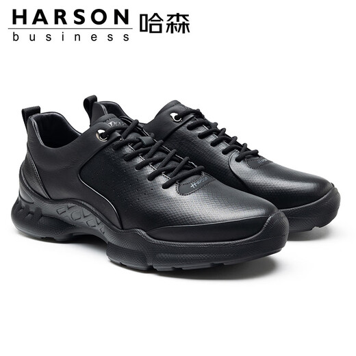 Harson first-layer calfskin men's shoes autumn and winter sports leather shoes thick-soled business casual shoes genuine leather commuter high-end walking shoes black four seasons 41 (255mm)