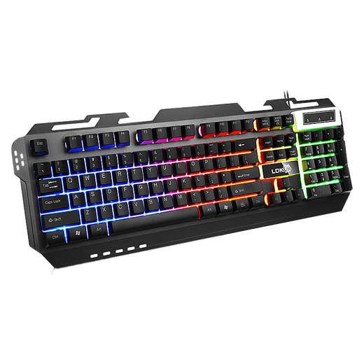 LDK.al RK300 Juego de teclado y mouse para cibercafé, sensación mecánica, panel de metal, teclado retroiluminado luminoso de tamaño completo de 104 teclas, teclado y mouse para computadora portátil, teclado luminoso genial + mouse agrietado + auriculares