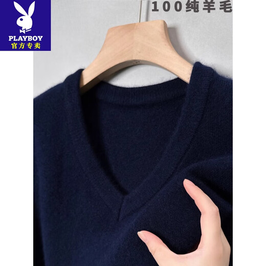 花花公子（PLAYBOY）冬季加厚V领羊毛衫男士100纯羊毛针织保暖套头鸡心领羊毛绒毛衣 V领黑灰 XL 175建议135-155斤