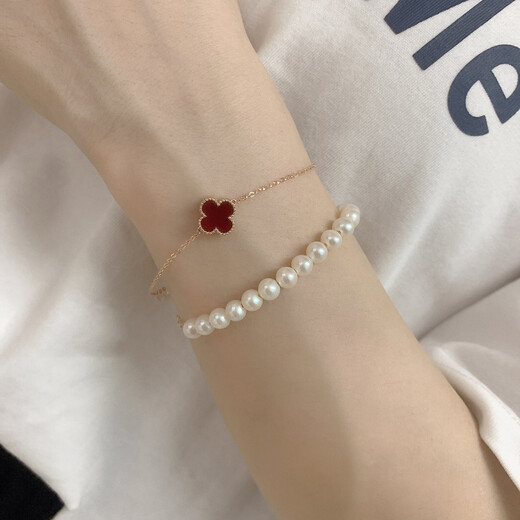 18K gold four-leaf clover bracelet color gold jewelry rose gold gold bracelet bracelet girl happy birthday gift rose gold red agate 10mm
