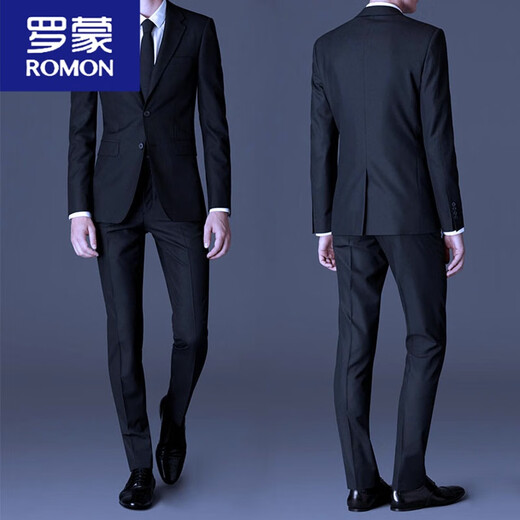 ROMON suit men's dark gray groom's wedding slim suit business casual groomsmen wedding formal professional suit two-button navy blue side double slit suit + trousers XL 180