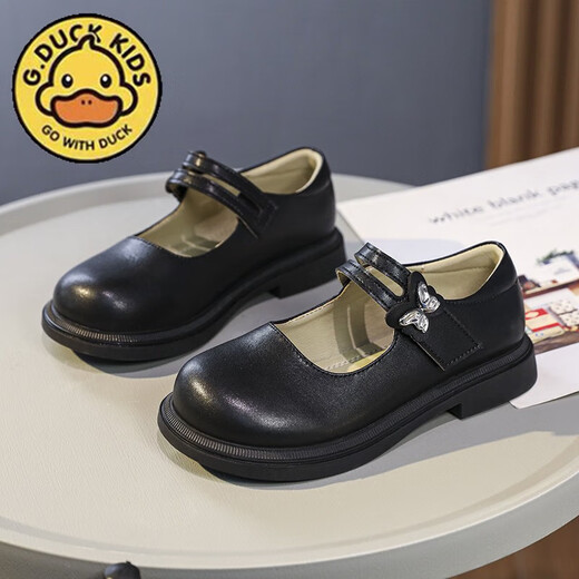 G.duck Little Yellow Duck Girls' Small Leather Shoes Spring and Autumn New Product 2025 Black British Style Princess Shoes Soft Sole Children's Performance Shoes JJL-Black C8062 Size 35 (Inner Length 22.5cm)