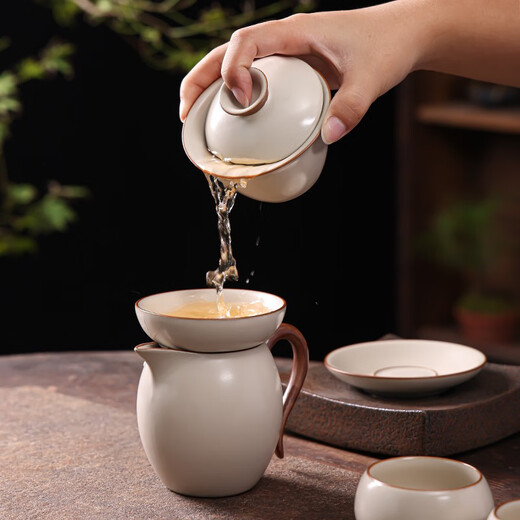 Lanyi Beige Ru Kiln Kung Fu Tea Set Ceramic Teapot Cover Bowl Tea Cup Light Luxury High-end Household Complete Gift Box Set 01 Ru Kiln Beige 10-head Teapot Set
