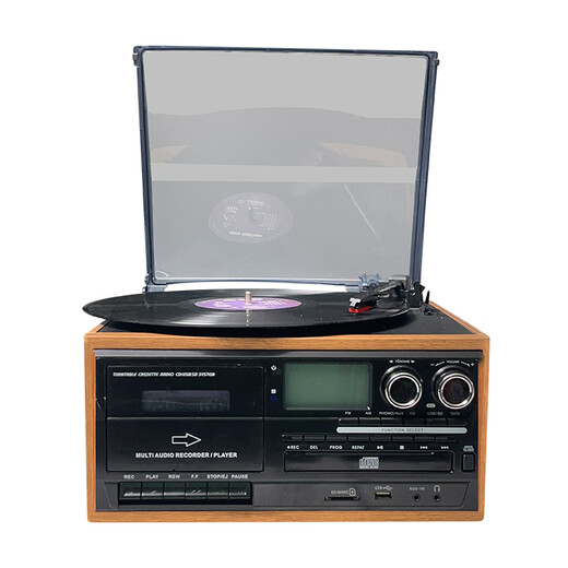 Heritage family tape player, vinyl CD all-in-one multi-functional antique tape player, vinyl record player, retro gramophone, Bluetooth audio, home living room ornaments, vinyl tape all-in-one player, oak color (black panel)