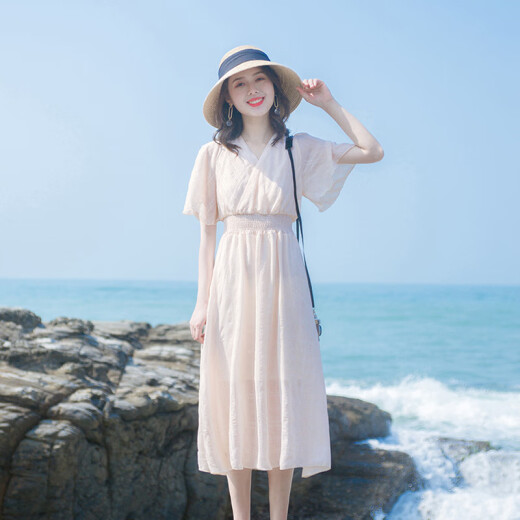 Hanmo Meiyi beach skirt dress for women 2020 summer very fairy fairy skirt sweet V-neck slimming mid-length skirt chiffon dress HMDR0410 picture color S
