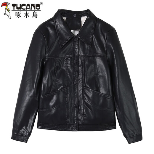 Woodpecker high-end velvet leather jacket women's short coat sheepskin slim slim leather jacket 2025 autumn and winter new leather shirt black winter cotton style plus velvet 3XL recommended 120-130Jin Jin equals 0.5 kg