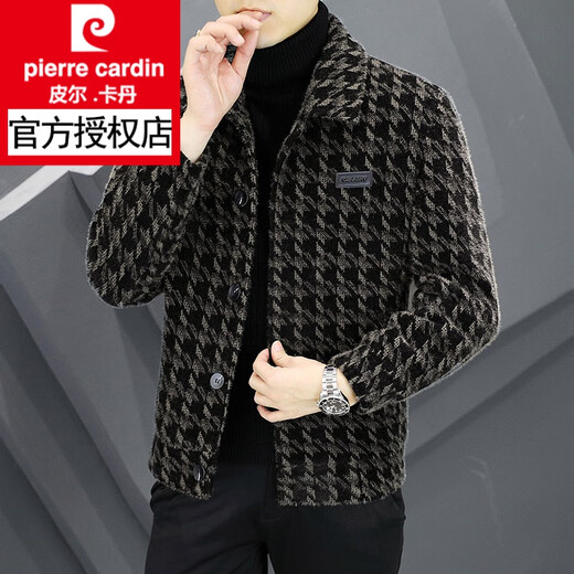 Pierre Cardin plaid jacket men's lapel casual autumn and winter thickened woolen jacket men's short style top versatile 8263-grey 2XL