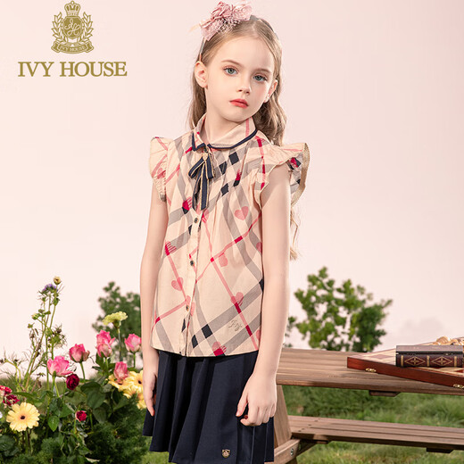 IVY HOUSE Ivy children's wear girls' printed shirt summer new British college style small flying sleeves retro plaid shirt khaki 100cm (110/52)