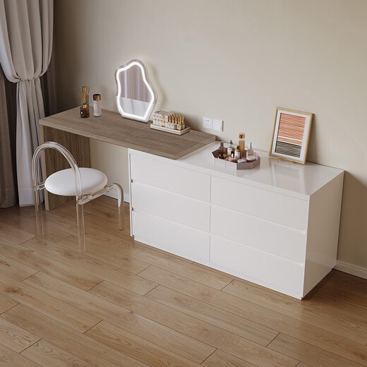 Bedside cabinet bedroom dresser storage cabinet combination multifunctional dressing table bedside cabinet ins modern simple a white oak grain + warm white 1 point 3 meters retractable dressing table + stool
