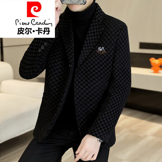 Pierre Cardin Plaid Woolen Suit Men's 2025 Winter New Slim Fit Cotton Thickened Warm Short Woolen Small Suit Jacket Black Thickened Cotton XL 120-135Jin Jin is equal to 0.5 kg