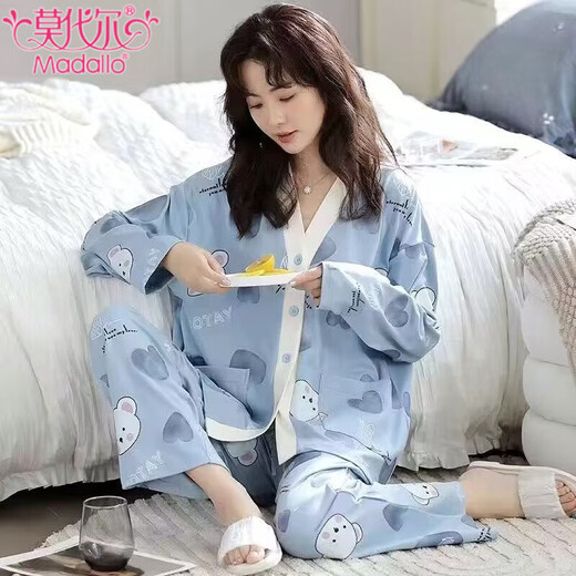 莫代尔100%纯棉睡衣女士春秋季薄款长袖开衫休闲简约宽松全棉家居服套装 SY-6210 M (适合80-100斤)