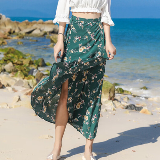 Yu Zhaolin Women's Beach Skirt Women's Wrap Skirt Chiffon One-piece Skirt Seaside Vacation Retro Lace-up Skirt YWBQ203214 Green One Size