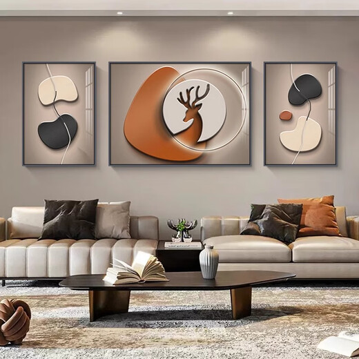 美优淳石来运转简约现代客厅沙发背景墙装饰画轻奢高级感三联画羽毛挂画 JD13803 左右35*50中间70*50 晶瓷镶钻铝合金黑框