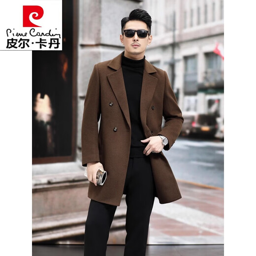Pierre cardin high-end white goose-vulpe liner double-sided wool woolen coat men thickened winter mid-length wool trench coat men caramel color 170/M