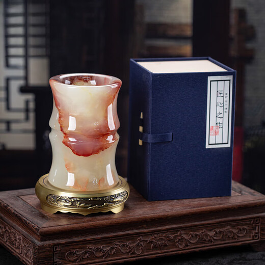 MDNG天然玉石大号毛笔笔筒摆件复古装饰礼品中国风创意个性定制 现货-竹节瓶笔筒配黄铜底座B12802
