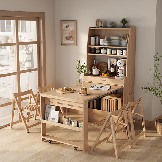 LEXI all solid wood folding dining table and sideboard integrated household small apartment multi-functional invisible retractable dining table sideboard + dining table + 4 chairs - solid wood color - installation included