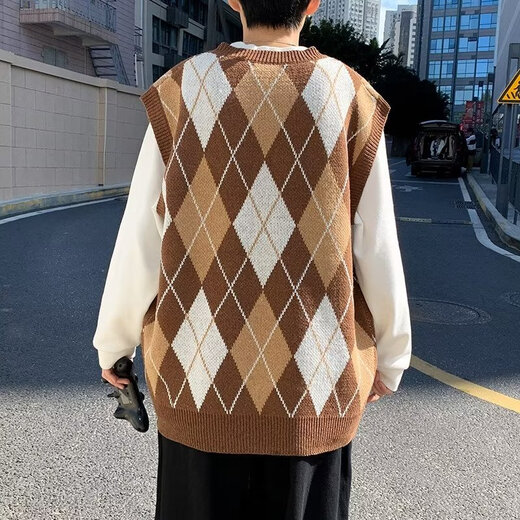 JIAYE 2024 Spring and Autumn Rhombus Grid Candle Knitted Vest Men's Loose Pullover Retro Outer Sleeveless Sweater Vest Coffee XL