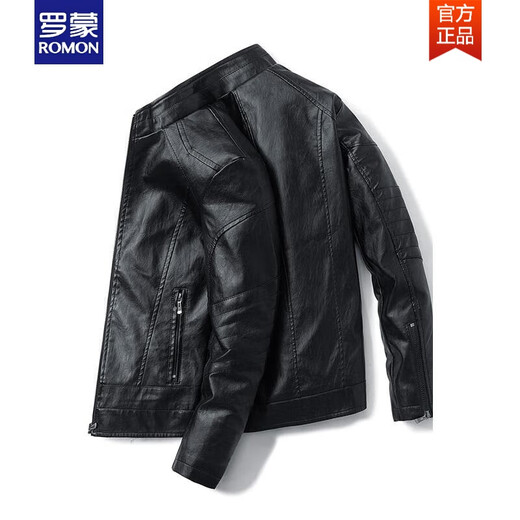ROMON leather jacket men's autumn and winter trendy brand plus velvet motorcycle leather jacket clothes spring and autumn handsome men's clothing 9923JR# black [added velvet] M 95-110Jin[Jin equals 0.5 kg]