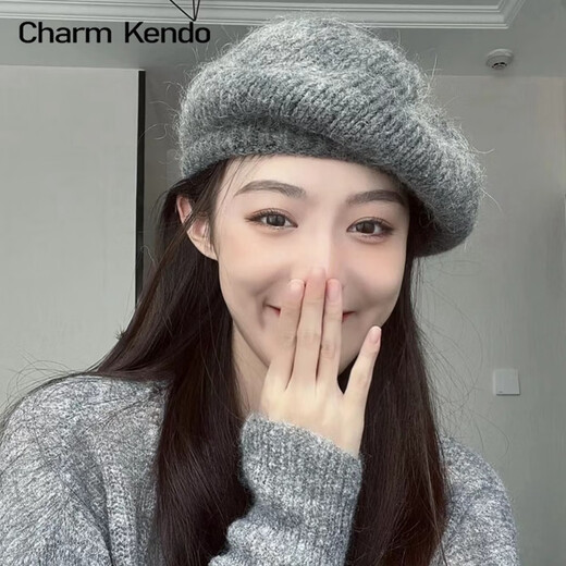 Charm Kendo Hat Women's Autumn and Winter New Versatile Big Head Circumference Woolen Beret to Keep Cold and Warm, Show Face Small Woolen Hat Light Gray
