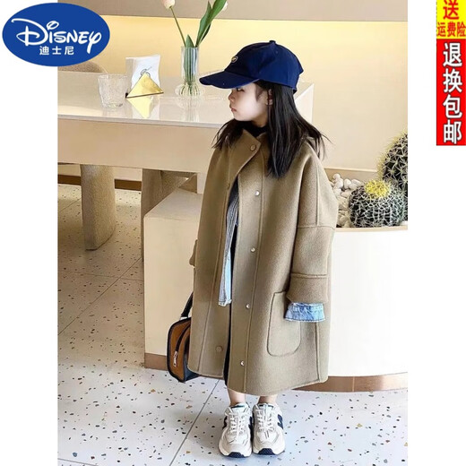 迪士尼（DISNEY）高端童装中长款女童大衣加厚毛呢大衣中小童呢子连帽外套冬季风衣 驼色【夹棉】 160