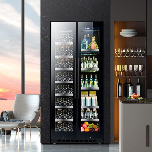 Odino Wine Cabinet Home Living Room Commercial Constant Temperature Red Wine Cabinet Double Temperature Double Door Integrated Home Living Room Commercial Air Cooled Large Capacity Cool Dry Goods Tea Medicine Preservation Refrigerator Anti-fog Door Wine Cabinet Display Hanging Cup + Ice Bar Style Thin Style