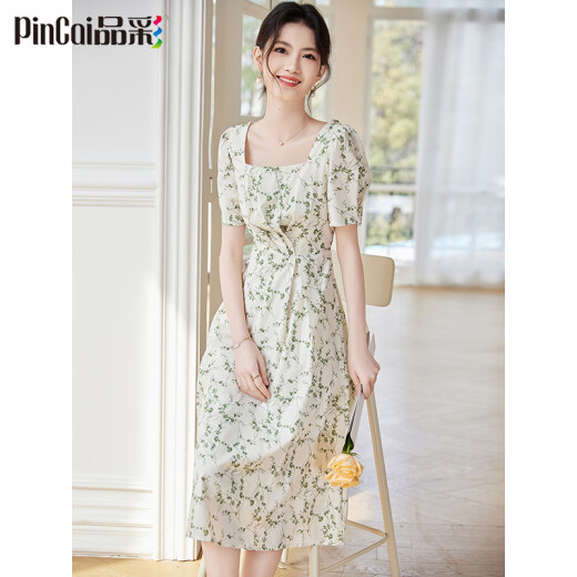 Vestido de manga corta Pincai con collar cuadrado elegante y suave falda floral Midi Temperamento fresco Falda A-Line P132Q1381