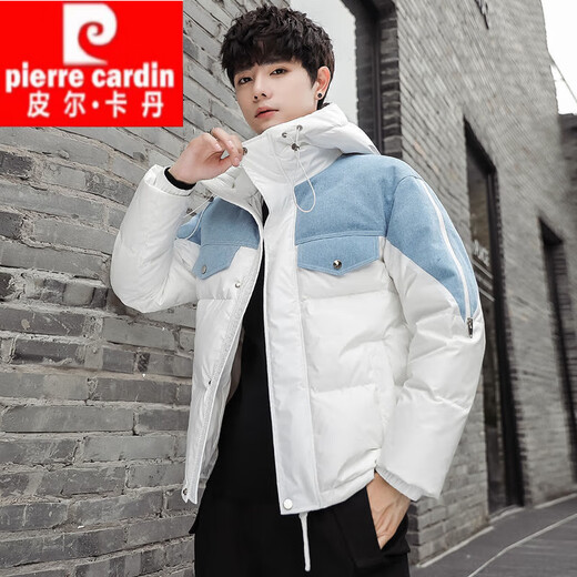 
Pierre cardin down jacket men's hooded winter new trendy brand short handsome denim spliced ​​winter warmth thickened stand collar jacket Y-838 hat black M 105-120Jin [Jin equals 0.5 kg]