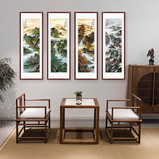 XUNDIAN (XUNDIAN) landscape painting living room scenery four screens Chinese painting office hanging painting mountain painting sofa background wall painting ink painting spring, summer, autumn and winter A right angle rosewood color solid wood with frame 135*45 cm