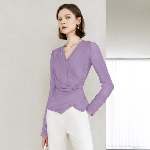 Yanyu Black Slim Shirt Women's 2025 Autumn Versatile V-neck Long Sleeve Top Waist Shirt Black M/38