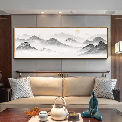 Zilang living room decorative painting sofa background wall ink Zen landscape painting wall hanging tea room office calligraphy and painting mural 04-backed 60*180 bright gold aluminum frame + plexiglass SF Express