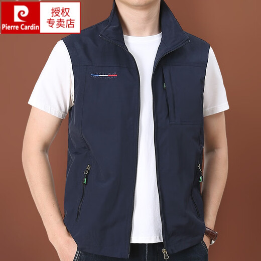 Pierre Cardin vest men's spring and autumn outdoor sports workwear large size sleeveless vest multi-pocket loose waistcoat sports coat for men dark blue 2XL